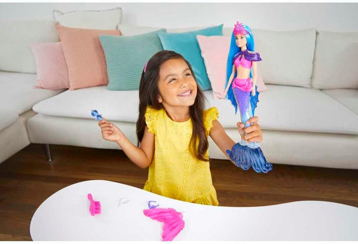 Barbie Mermaid Power, Puppe Meerjungfrau, Puppe mit blauen und lila Haaren, Meerjungfrauenschwanz mit austauschbaren Flossen, Zubehör, Geschenke für Kinder ab 3 Jahren,HHG52