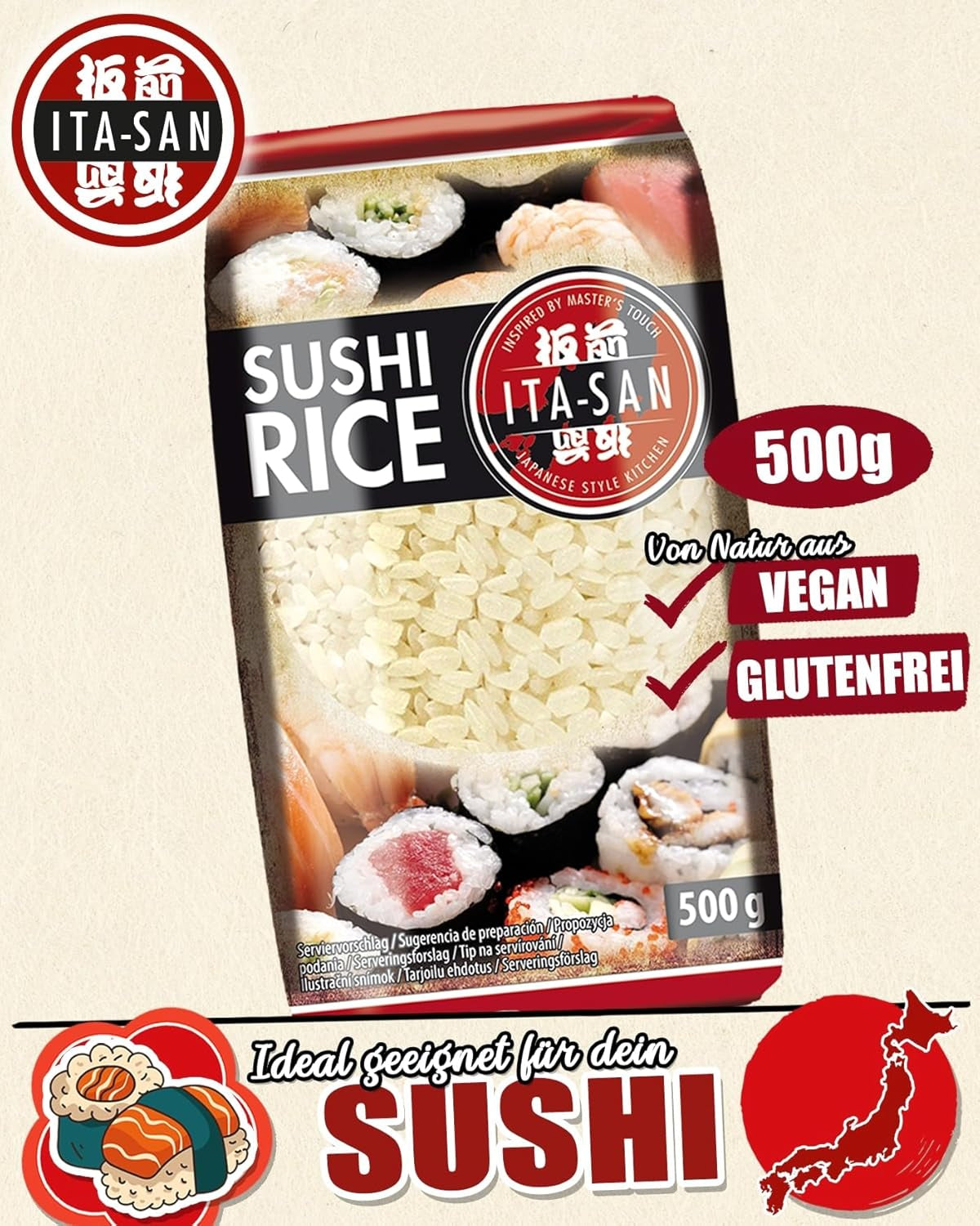 Orez pentru Sushi ITA-SAN, bob rotund, calitate superioară, varietate 100% pură, preparare rapidă și ușoară, vegan, halal, fără gluten (1 x 500 g)