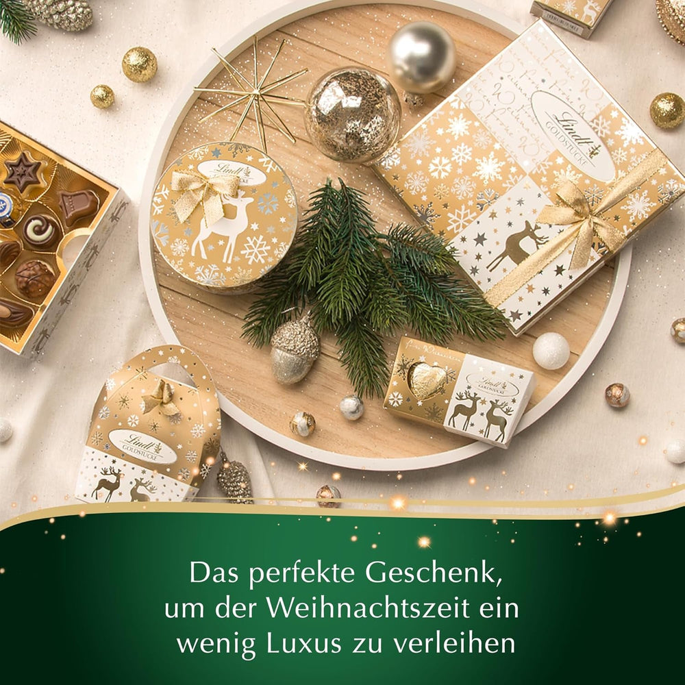 Lindt Chocolate | Cutie de praline Gold Pieces | 180g | 18 praline în 10 sortimente ca sortiment fin de praline, unele cu alcool | Cutie cadou premium cu praline de Crăciun