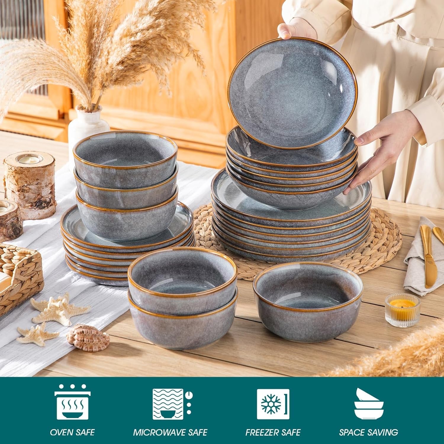 Geschirrset 6 Personen, vancasso PLAYA 24tlg Reaktive Glasur Steingut Tafelservice 6 Personen Modern, Beinhaltet Schüssel, Suppenteller, Dessertteller, Speiseteller, Spülmaschinenfest, Lavendelblau