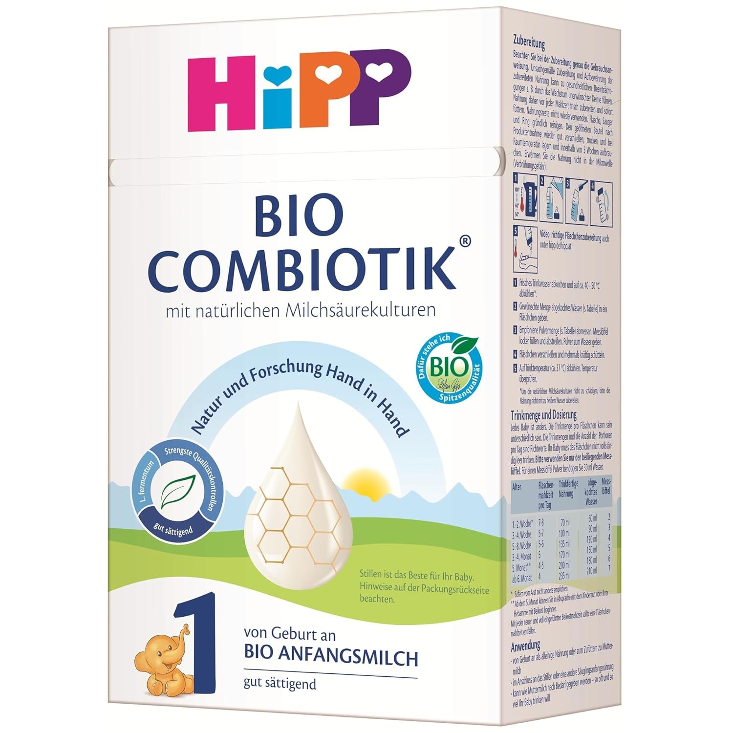 HiPP 1 Organic Combiotik (4 x 600g), formulă de lapte praf pentru sugari de la naștere, cu culturi naturale de acid lactic și amidon organic ușor de tratat, de cea mai bună calitate organică