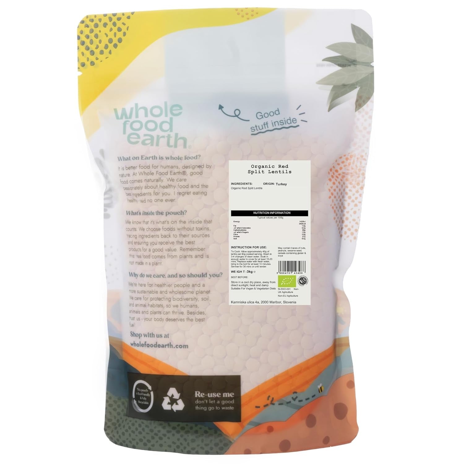 Linte roșie despicată organică Wholefood Earth 3 kg fără OMG Vegan Bogat în fibre Bogat în proteine Din agricultură organică controlată