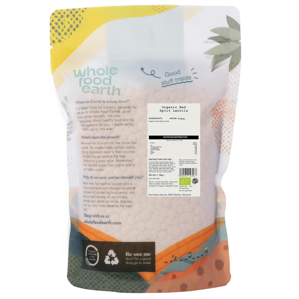 Linte roșie despicată organică Wholefood Earth 3 kg fără OMG Vegan Bogat în fibre Bogat în proteine Din agricultură organică controlată