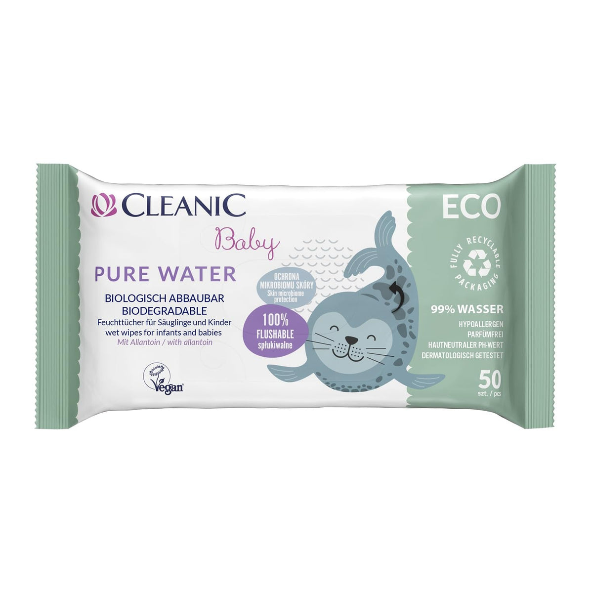 Șervețele umede Cleanic Baby Eco Pure Water – (1 x 50 buc.) Șervețele umede pentru copii și sugari – fără parfum, se pot arunca la toaletă, piele sensibilă – 50 buc.