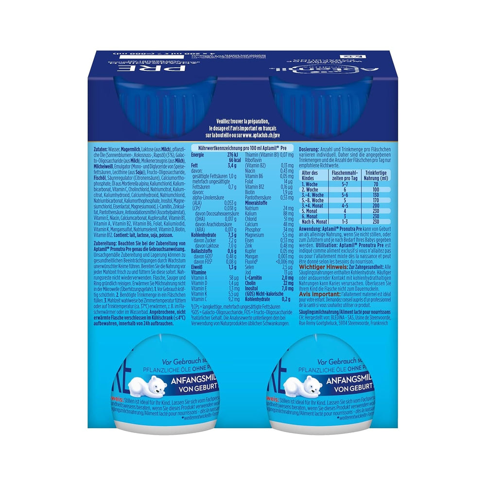 Aptamil Pronutra Pre – Formulă pentru sugari de la naștere – Cu uleiuri vegetale, fără ulei de palmier – 6 x 4 x 200 ml (4800 ml)