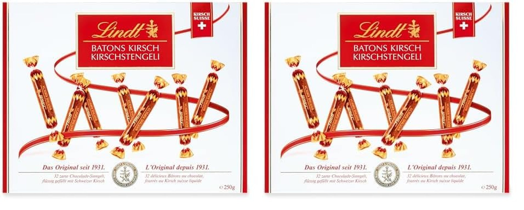 Bastoane de ciocolată Lindt cu tulpini de cireșe | 250 g | 32 de batoane de ciocolată cu lapte umplute cu lichior lichid de cireșe elvețiene | Cadou de ciocolată cu alcool | Cadou de ciocolată