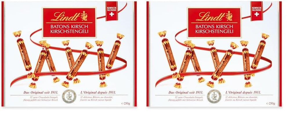 Bastoane de ciocolată Lindt cu tulpini de cireșe | 250 g | 32 de batoane de ciocolată cu lapte umplute cu lichior lichid de cireșe elvețiene | Cadou de ciocolată cu alcool | Cadou de ciocolată