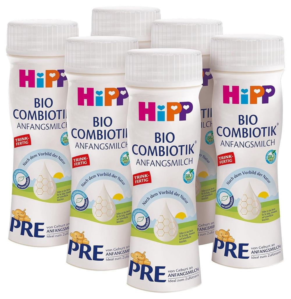 Formulă combiotică organică HiPP PRE, gata de băut (6 x 200 ml), lapte pentru sugari de la naștere, conține doar lactoză ca și carbohidrat, de cea mai bună calitate organică