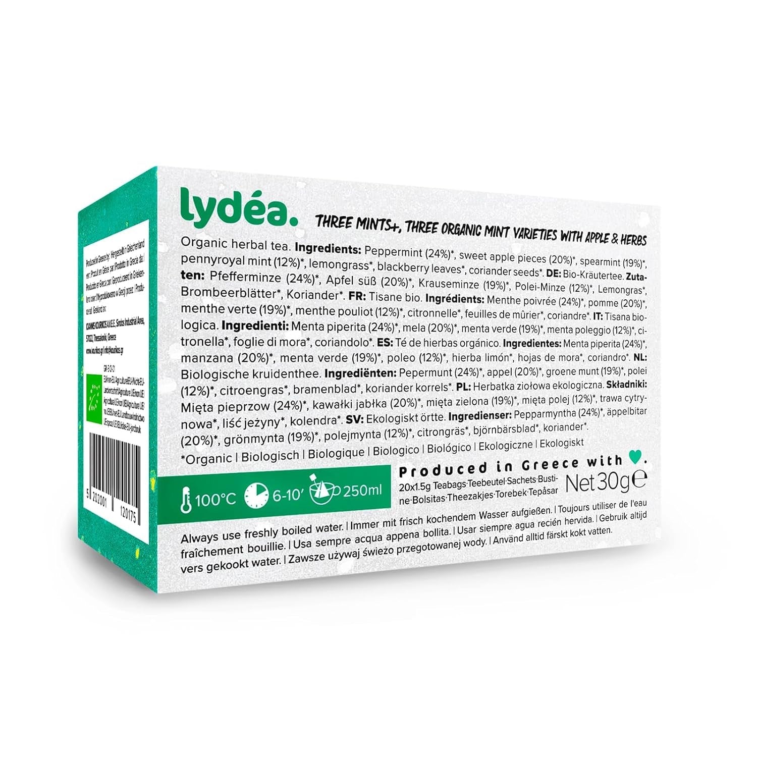 Lydea Three Mints+, ceai organic din plante cu trei sortimente de mentă, mere și plante, 60 piramide, pachet de 3 [3 x 20 piramide]