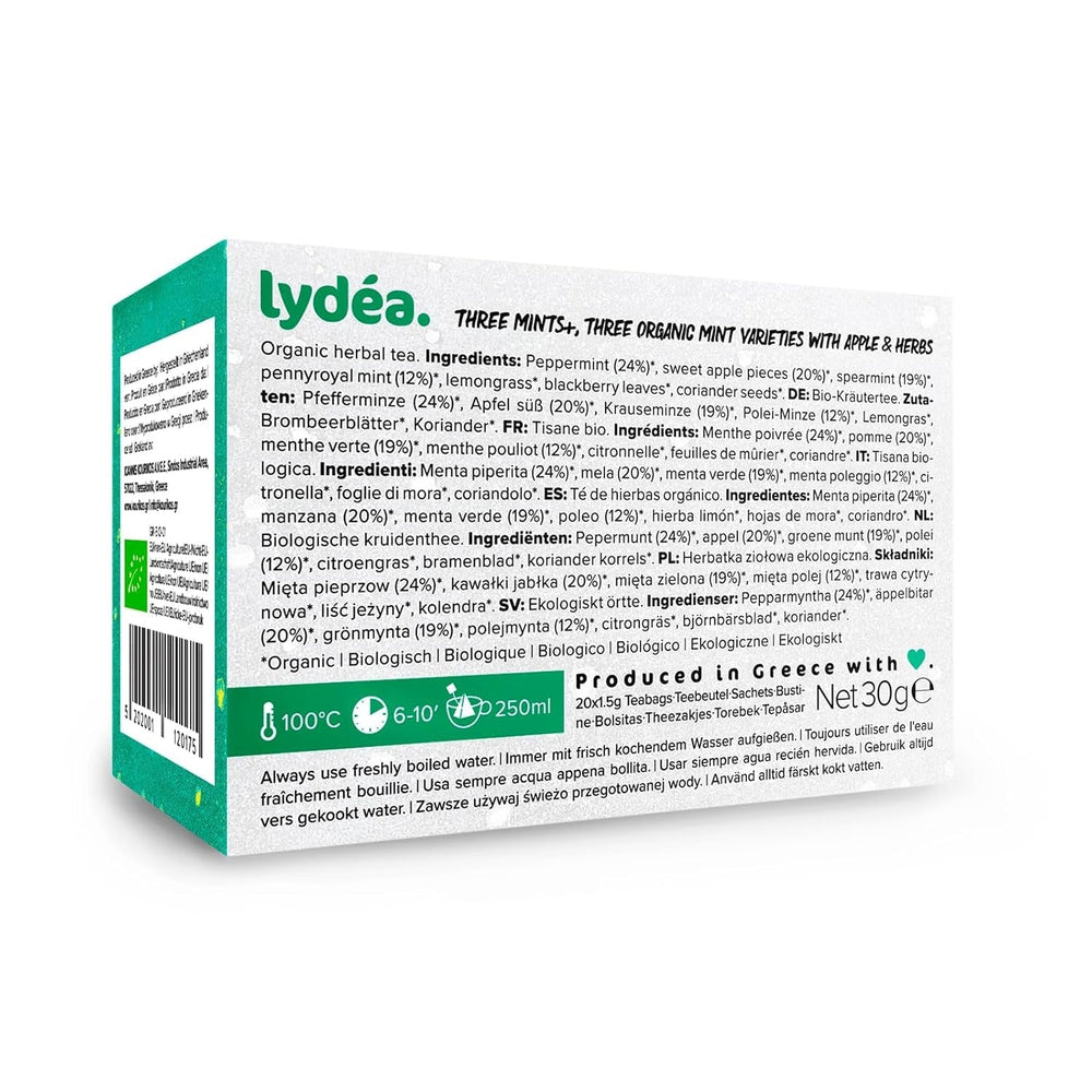 Lydea Three Mints+, ceai organic din plante cu trei sortimente de mentă, mere și plante, 60 piramide, pachet de 3 [3 x 20 piramide]