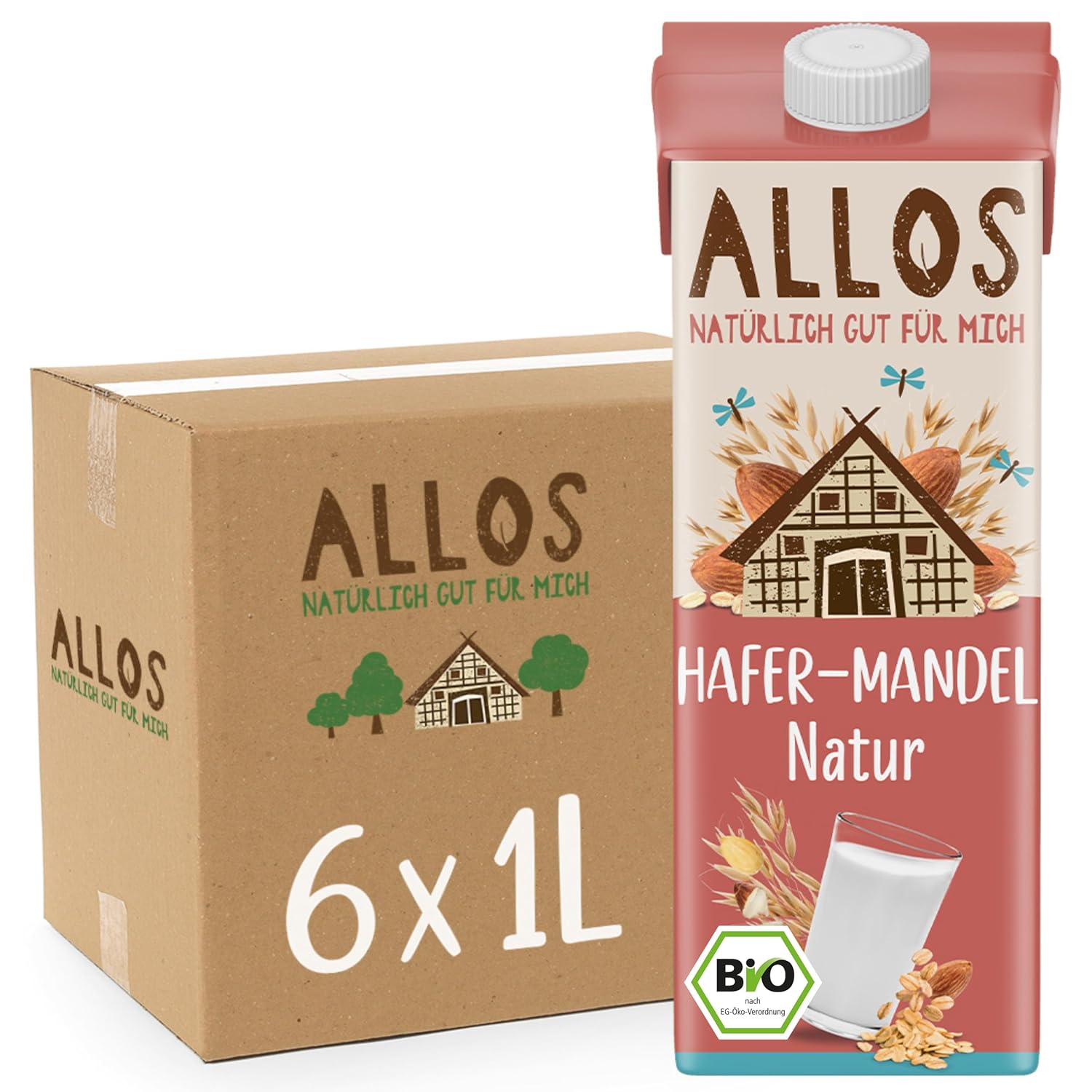 Allos Mandeldrink ohne Zucker | Mandel Drink Natur | Drink auf Pflanzenbasis | Mandel | veganer Drink | laktosefrei | 1 Liter (6 Stück)