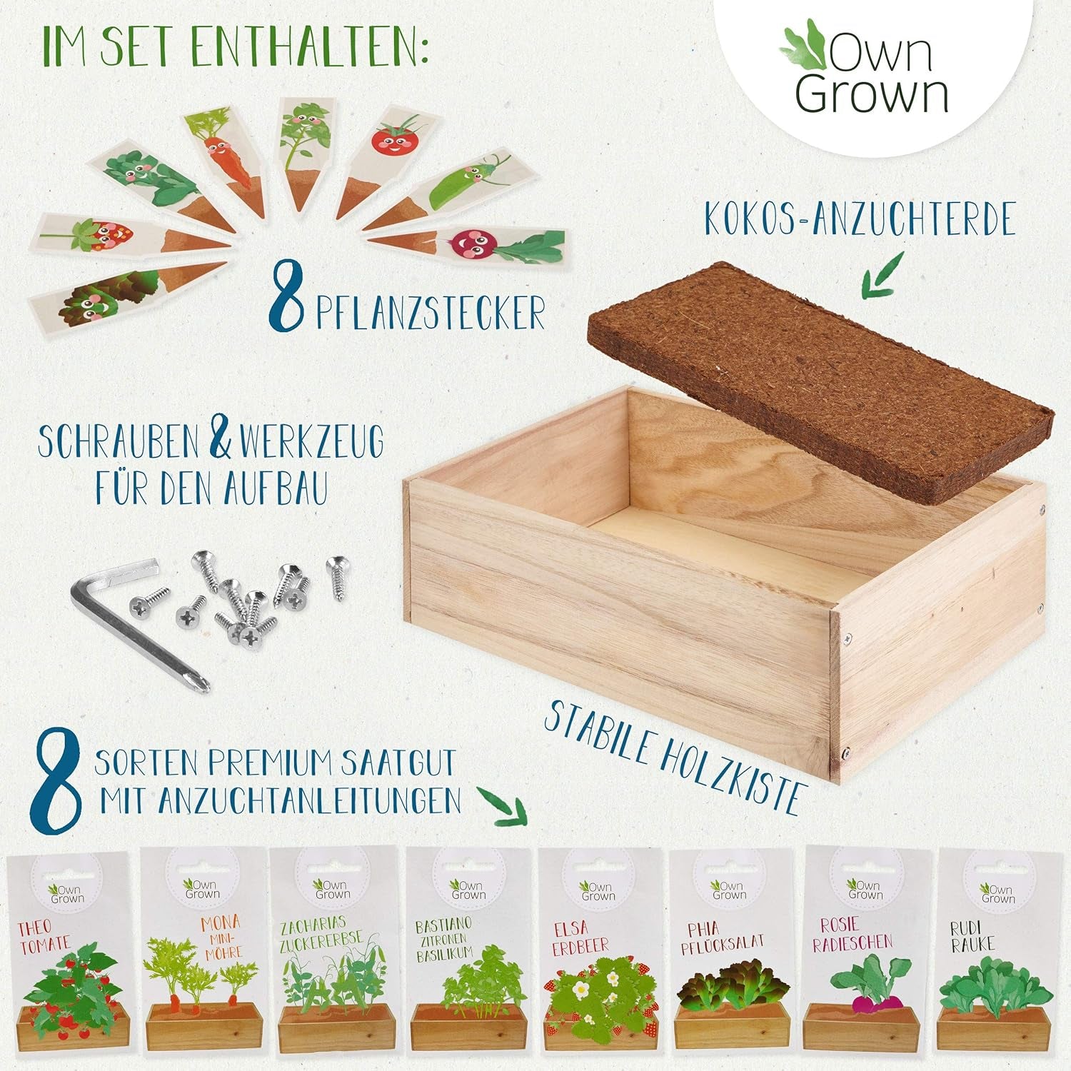 Kit de cultivare a semințelor cu cutie de lemn și 8 varietăți de semințe de plante: Kit de cultivare pentru copii cu semințe de legume, căpșuni și plante aromatice – Kit de început pentru mini seră și mini grădină de la OwnGrown