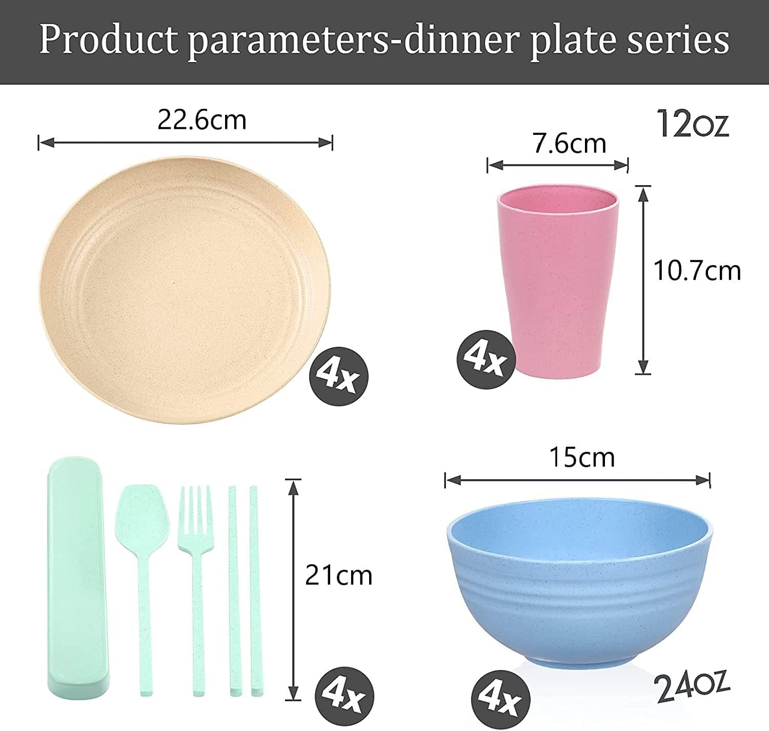 Set de tacâmuri din plastic pentru camping pentru 4 persoane, reutilizabile, indestructibile, farfurii, căni, boluri și tacâmuri ușoare, ecologice, reutilizabile, potrivite pentru cuptorul cu microunde și mașina de spălat vase