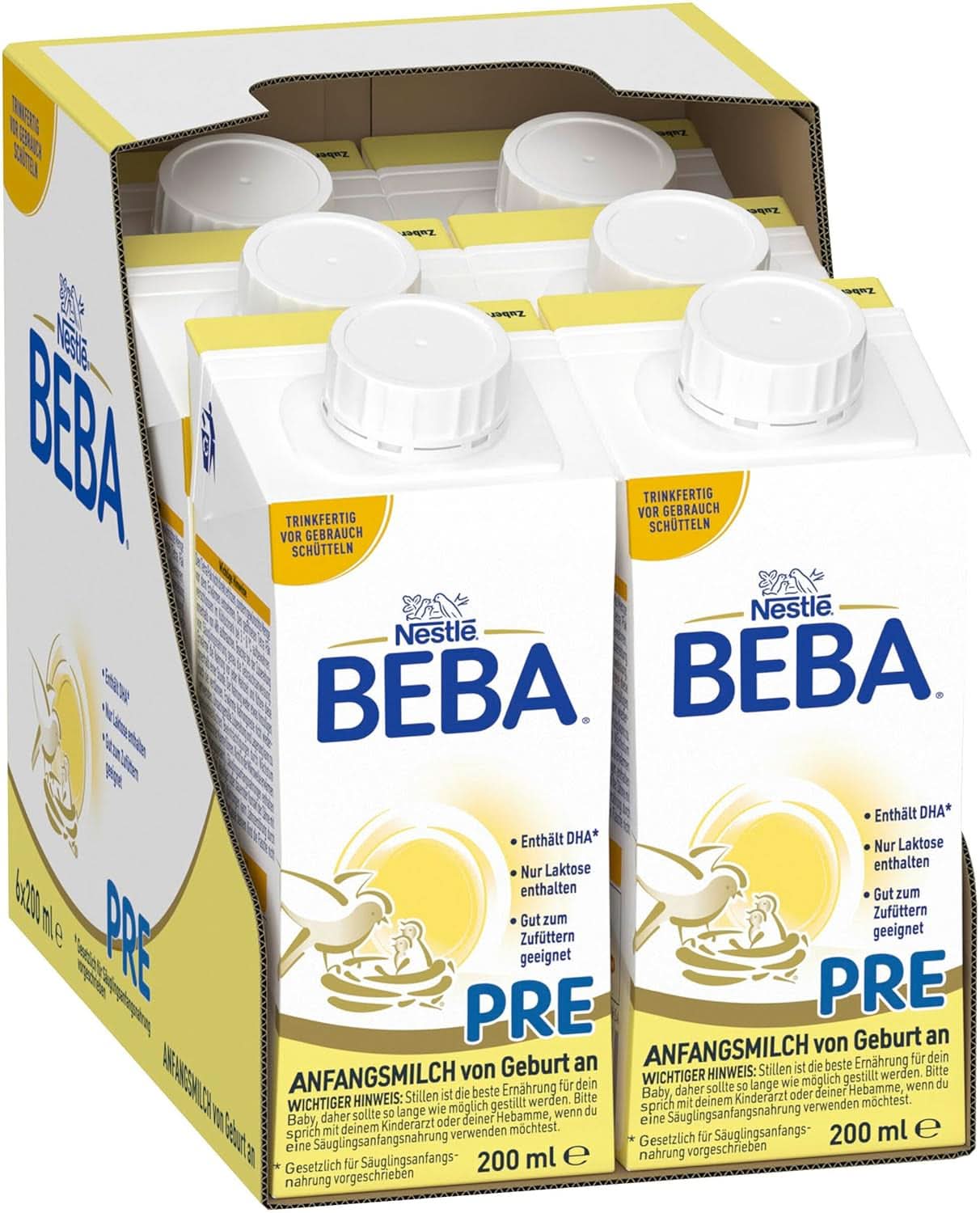 BEBA PRE Lapte inițial de la naștere, hrană pentru copii cu DHA, doar lactoză, fără ulei de palmier, pachet 3 (3 x 800 g) Naty Shop PRE, set 6 x 200 ml 6 x 200 ml