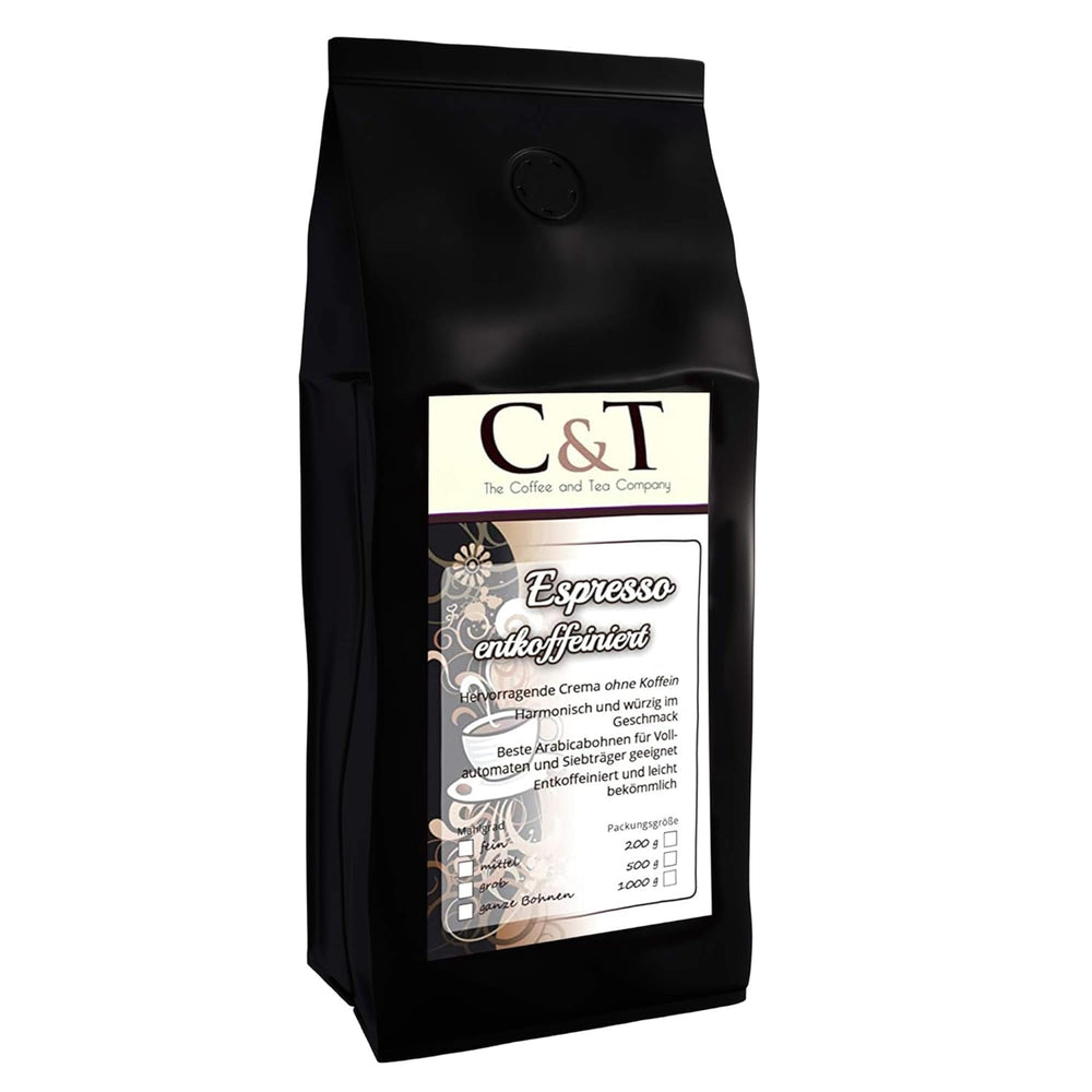 Kaffeebohnen Entkoffeiniert -  CREMA - 1000g Fein Gemahlen - für Espressokocher, Espressomaschine, Percolator - Schonend Gerösteter Bohnen-Kaffee Säurearm Ohne Koffein Blend