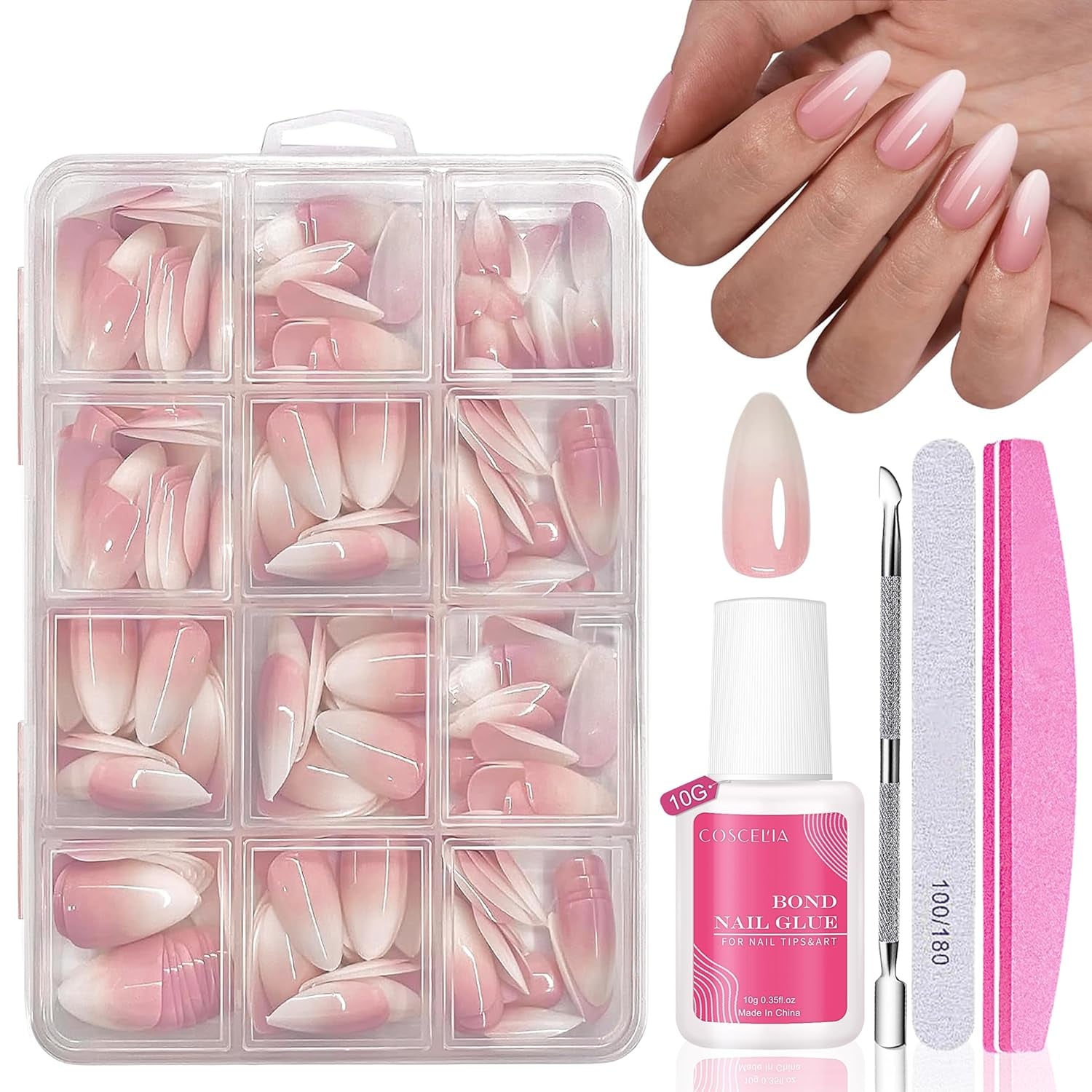 Set de unghii false - 240 de bucăți, unghii false franțuzești, pentru lipit - Design gradient alb roz, unghii artificiale, acoperire completă, gel moale, naturale și confortabile la purtare (migdală roz)