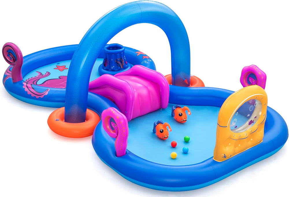 Centru de joacă acvatic Bestway Underwater World, 330 x 188 x 117 cm, Design adânc, Stropitor cu apă, Tobogan detașabil, Lansator de tentacule, 4 mingi de joacă, 2 pești-pescari, Supape de siguranță, Vârste 2+, PVC