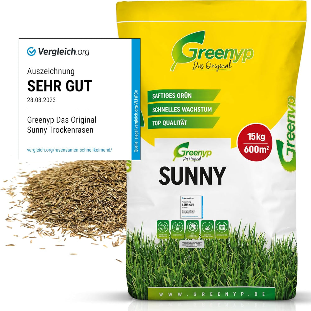 Greenyp® Sunny I Dürreresistenter Trockenrasen I 0,2Kg Für 10M² I Grassamen Rasensamen Rasensaat Gras Nachsaat Schnellkeimend