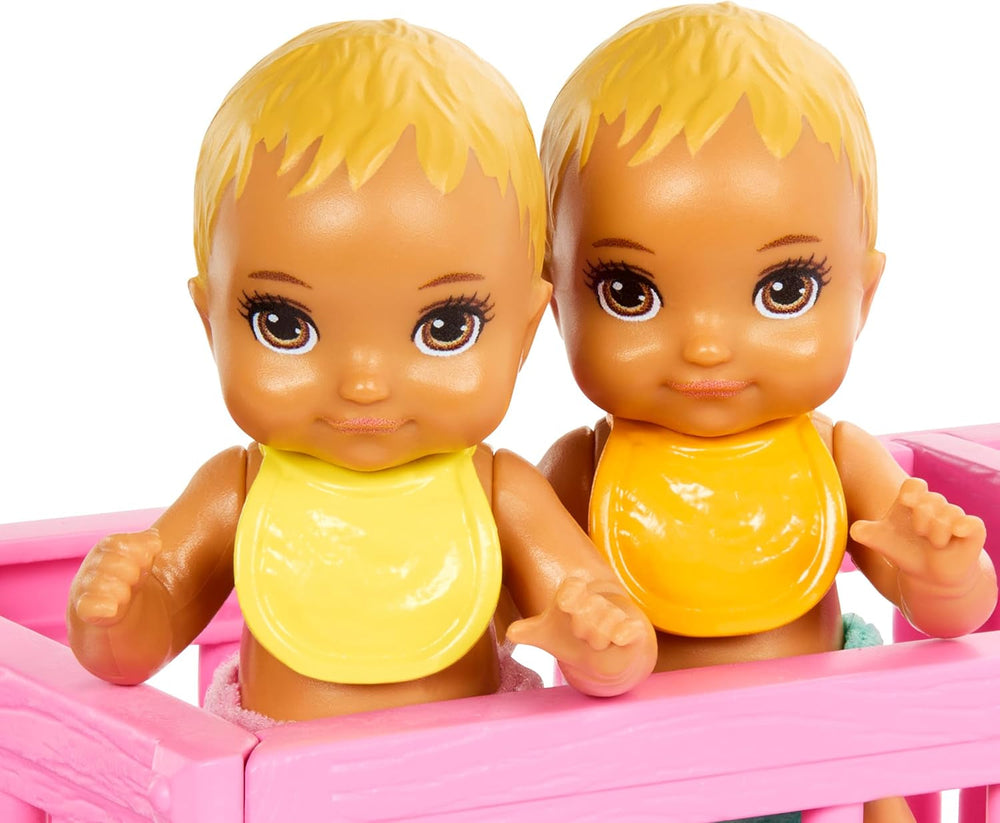 Păpușa și căsuța Barbie Skipper cu accesorii, include păpuși gemene, 1 pătuț, 1 leagăn, 1 balansoar și multe altele, HXM99