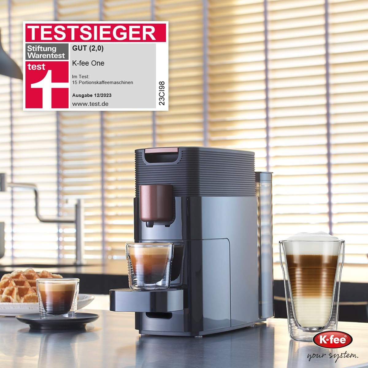 Espressor cu capsule K-FEE ONE pentru cafea, ceai și cacao | Espressor compact | Încălzire rapidă | Rezervor de apă de 0,8 l | 19 bar | Cupru negru | Câștigător al testului Stiftung Warentest 2023