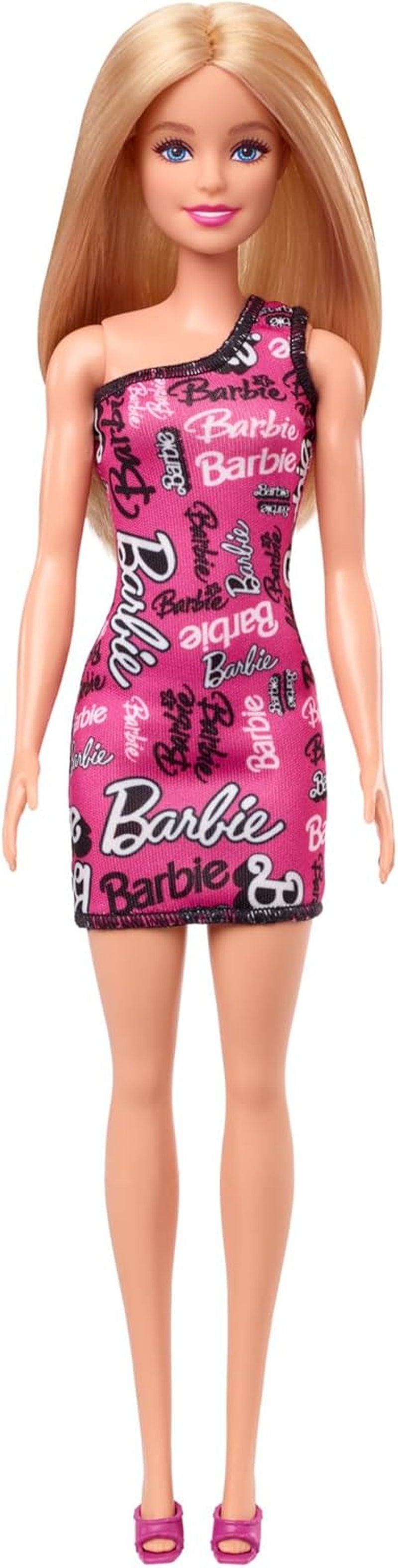 Păpușă Barbie la modă cu păr blond și drept, într-o rochie roz detașabilă cu un singur umăr și pantofi cu logo imprimat, HRH07