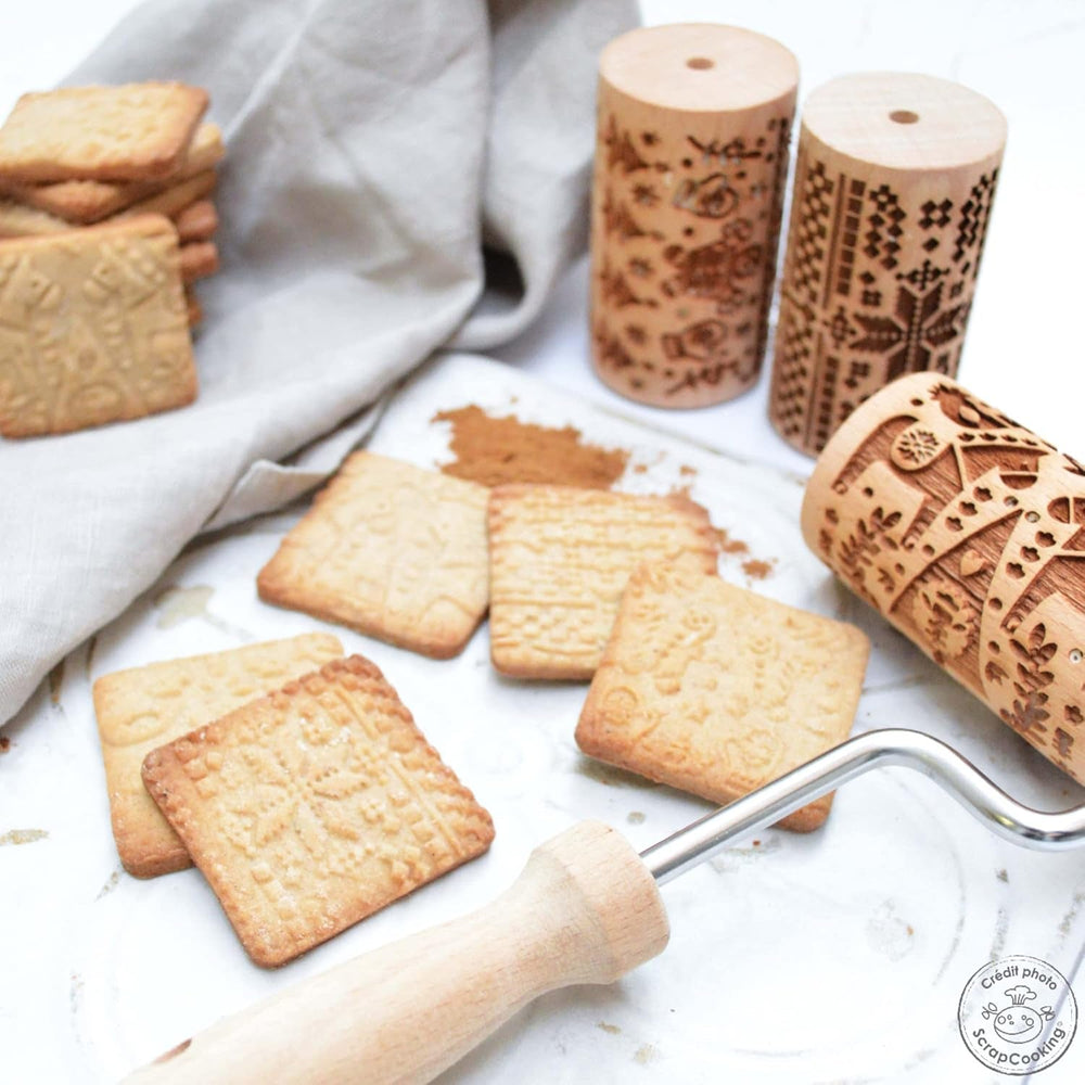ScrapCooking 3798 Set Rulouri de Biscuiți Crăciun – 3 Mini Rulouri de Biscuiți din Lemn cu Motive – Decorațiuni în Relief – Formă de Biscuiți Sablată