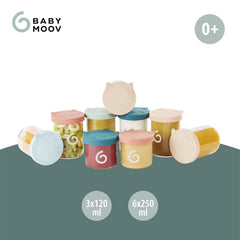 Babymoov ISY BOWLS recipiente pentru alimente pentru copii din sticlă robustă, rezistentă la temperatură - pentru depozitarea/congelarea alimentelor pentru copii, 6x 250ml + 3x 120ml Cutii depozitare alimente Naty Shop