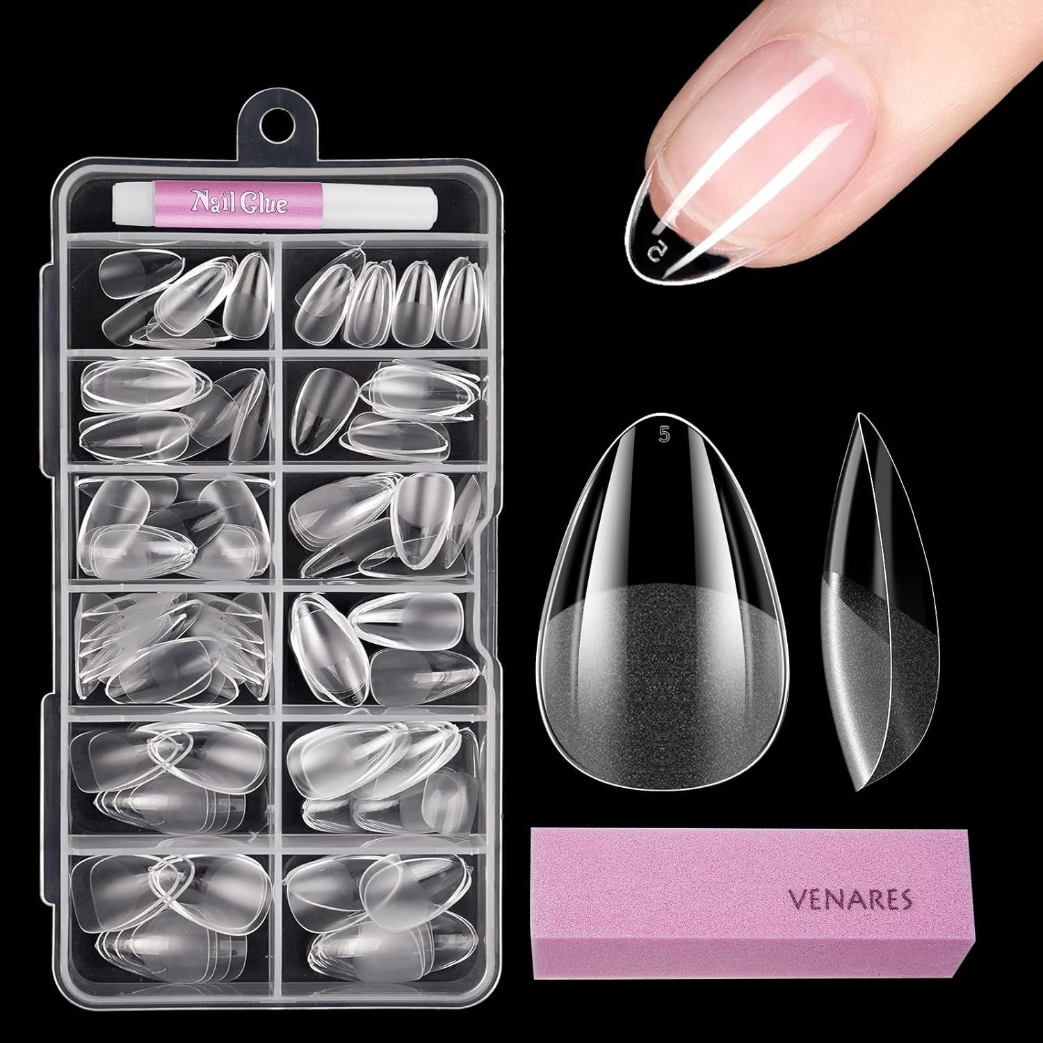 Tipuri de unghii pentru unghii cu gel, set 120 bucăți unghii artificiale scurte, culoare migdale, 11 dimensiuni unghii cu gel, tipuri de unghii cu lipici, bloc de buffer pentru unghii