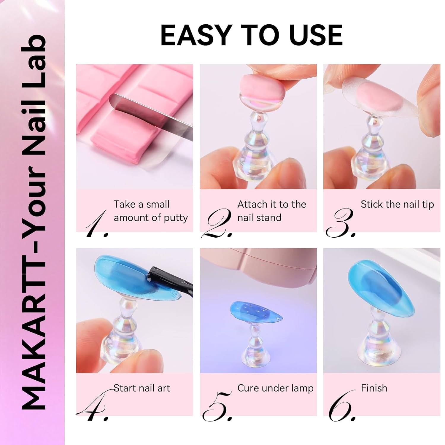 Suport acrilic pentru unghii Makartt, suport pentru unghii magnetic, suport pentru unghii, suport pentru unghii roz transparent, cu 48 de chit adeziv