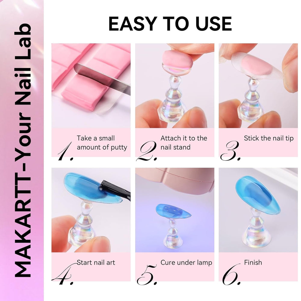 Suport acrilic pentru unghii Makartt, suport pentru unghii magnetic, suport pentru unghii, suport pentru unghii roz transparent, cu 48 de chit adeziv