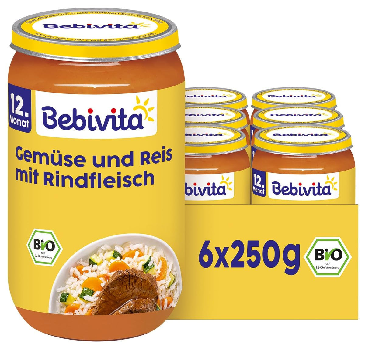 Mese de la 12 luni încolo: Orez cu legume și carne de vită, 250 g, pachet de 6 (6 x 250 g)