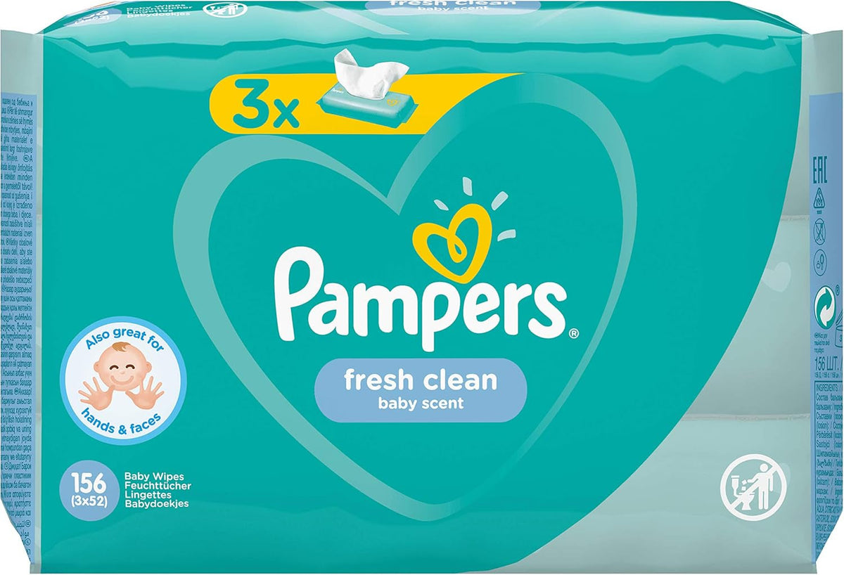 Șervețele umede pentru bebeluși Pampers Fresh Clean 81688041, 3x52 bucăți, (Șervețel umed pentru bebeluși, Pungă de plastic, Fetiță/Băiat, Turcoaz, Alb, Germania, 896,7 g)