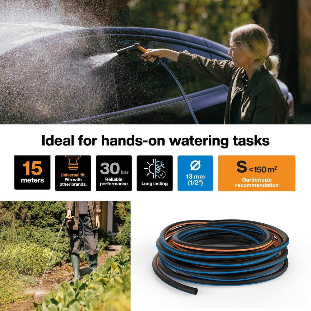 Furtun de grădină Fiskars S, Solid, Furtun de apă pentru udare manuală, 13 mm (1/2"), Lungime: 15 m, Racord universal, Protecție UV, Protecție la îngheț, Rezistent la răsucire, Albastru, 1076049