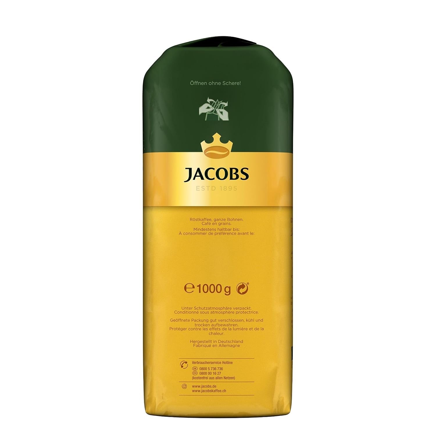 Boabe de cafea Jacobs Café Crema Gold 1kg – Corp plin, aromat, cu note fructate, boabe Arabica și Robusta, intensitate 5/10, ideal pentru Café Crema (pachet de 3)