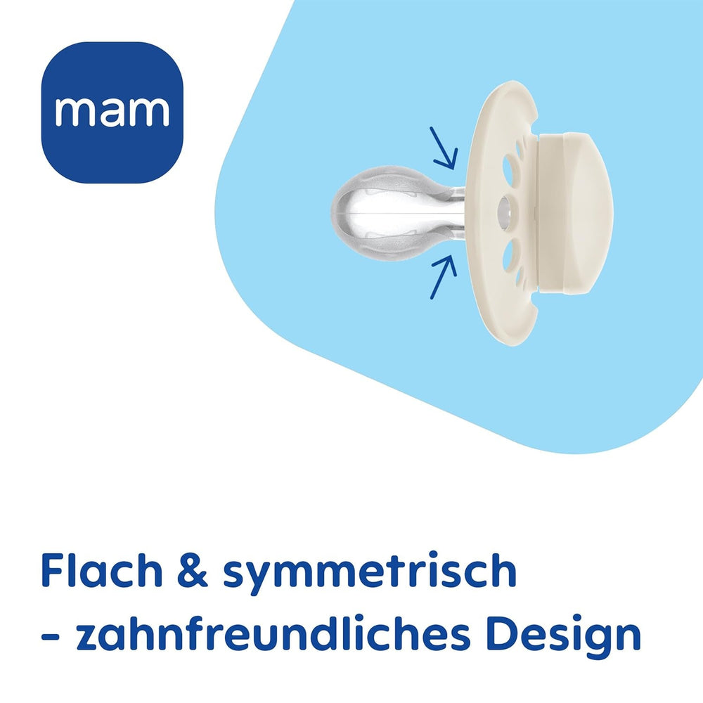 Suzete MAM Original, pachet de 2, suzete pentru bebeluși prietenoase cu dinții, fabricate din materiale sustenabile și bioregenerabile, tetine din silicon MAM SkinSoft, cu cutie pentru suzetă, 6-16 luni, Lup/Iepure