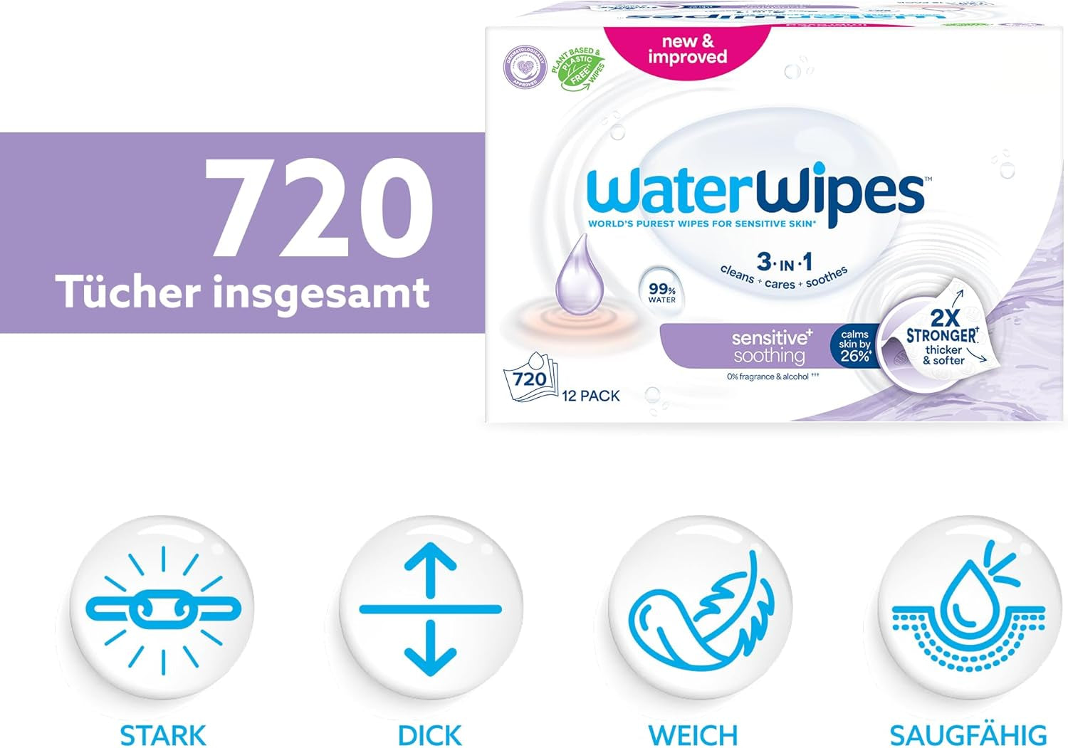 Șervețele umede WaterWipes Sensitive+ Soothing Clean, 720 bucăți (12 pachete), curățare, îngrijire și calmare 3 în 1, 99% apă cu extract de plante, șervețele umede pentru bebeluși fără parfum