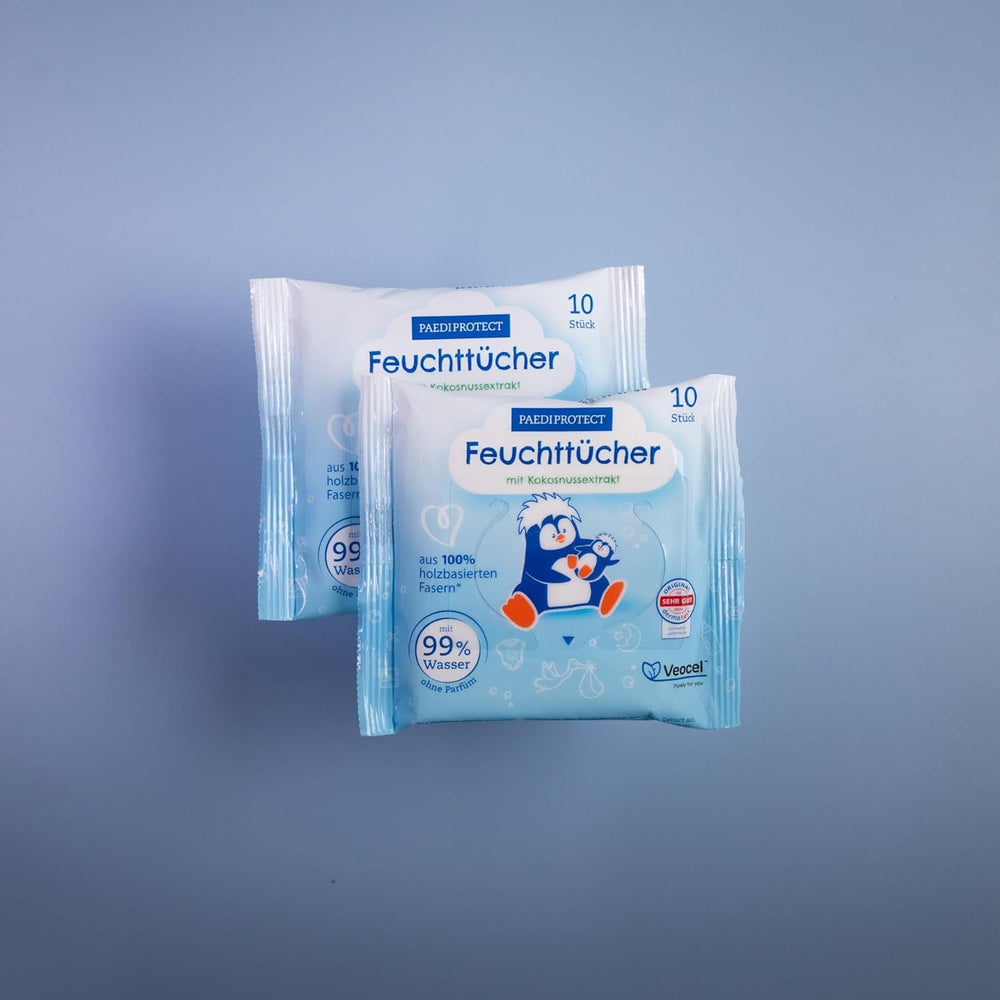 Șervețele umede PAEDIPROTECT pentru bebeluși 1 x 10 bucăți, șervețele umede cu apă pentru bebeluși sensibili cu 99% apă, fără parfum, pentru pielea delicată a bebelușilor și copiilor, cu extract de cocos, fără microplastic, vegane (pachet de 5)