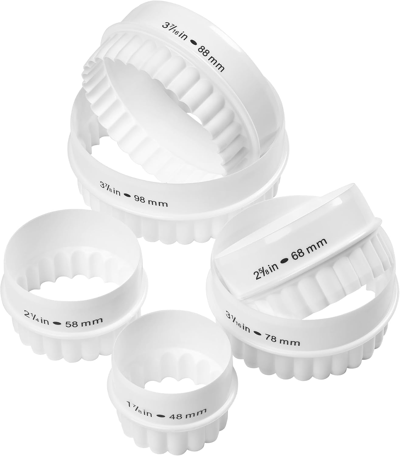 Set de 6 forme rotunde reversibile Tala pentru biscuiți, forme pentru biscuiți cu margini netede și striate, plastic fără BPA, pentru aluat, fondant și marțipan, 48 până la 98 mm