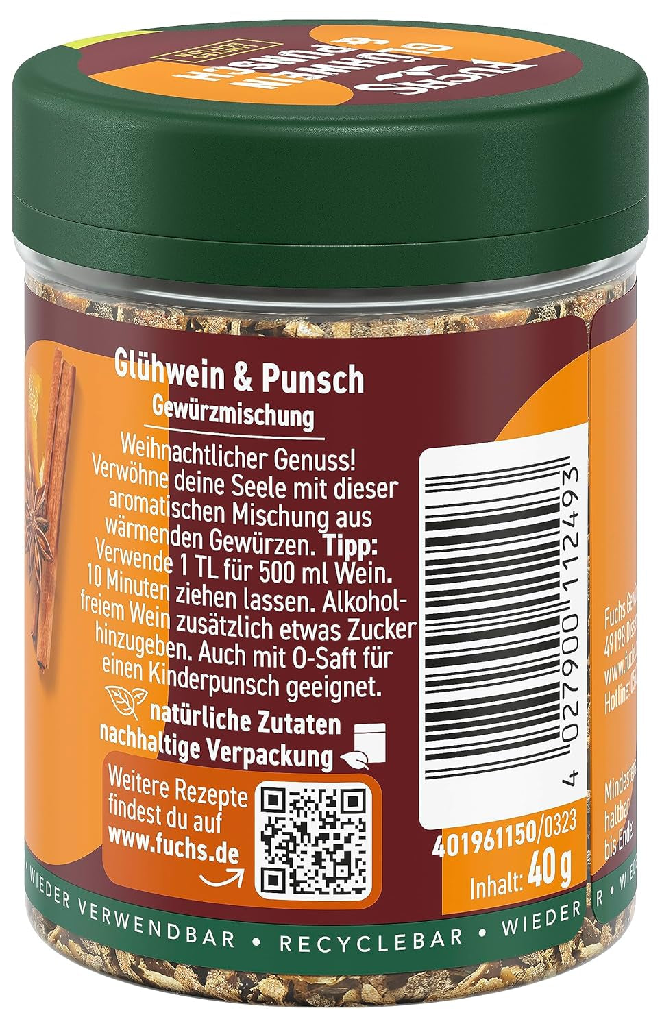 Fuchs Gewürze - Glühwein & Punsch Gewürz - weihnachtliche Gewürzmischung für Wein und Punsch - aus natürlichen Zutaten - 40 g in wiederverwendbarer, recyclebarer Dose