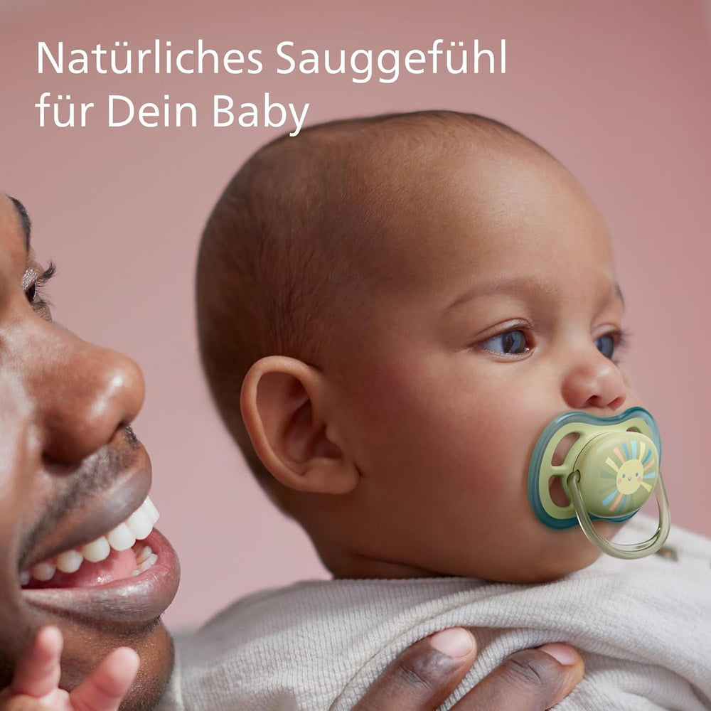 Suzete Philips AVENT ultra air - pachet de 4 suzete fără BPA, respirabile, pentru bebeluși între 0 și 6 luni, inclusiv cutie de transport și sterilizare, culoare soare/curcubeu (model SCF085/65)