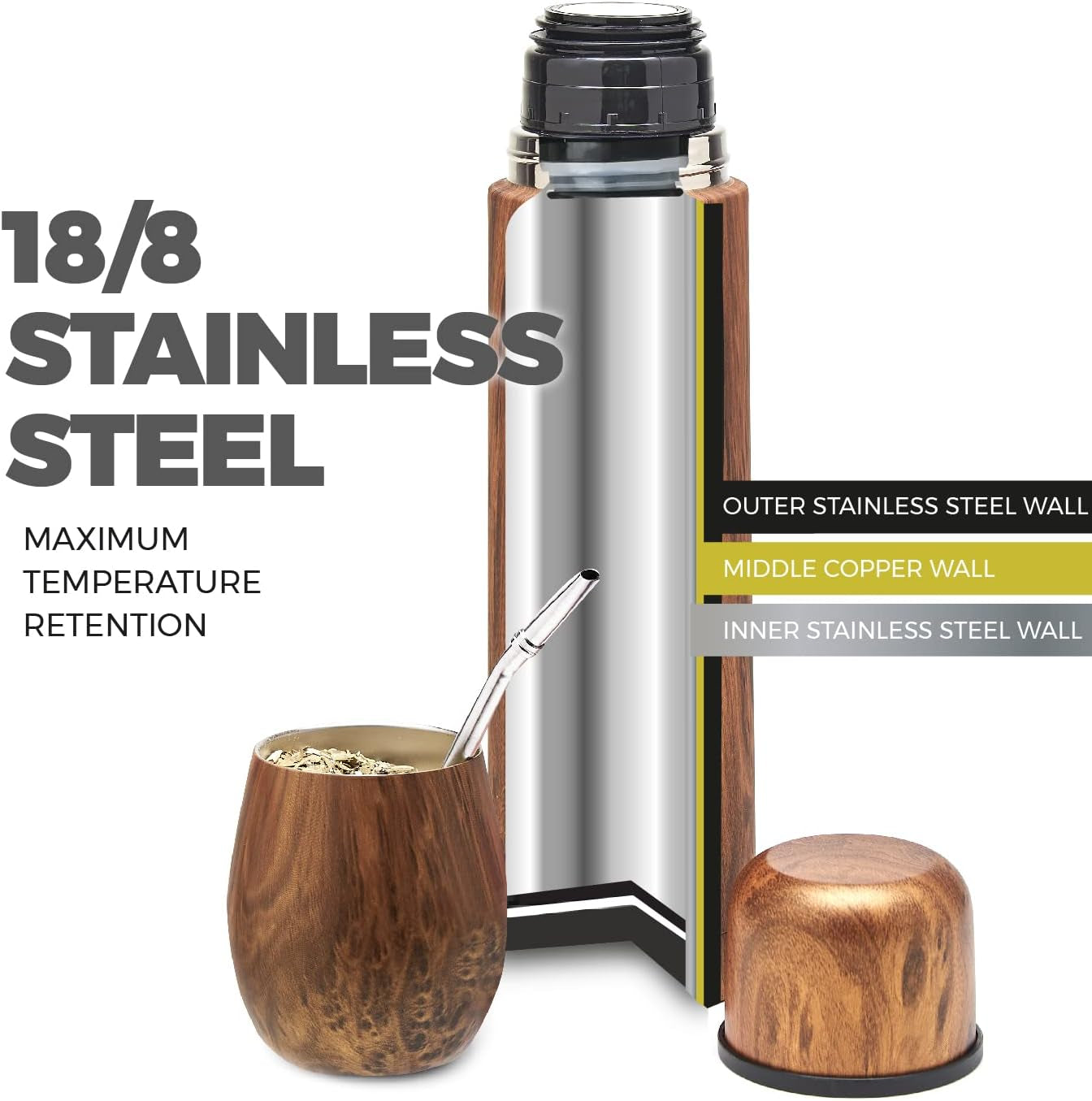 Set complet Balibetov Yerba Mate – Calabash modern, sticlă izolată, bombilla și perie de curățare incluse în livrare – Toate din oțel inoxidabil 304 18/8 de calitate premium (lemn)