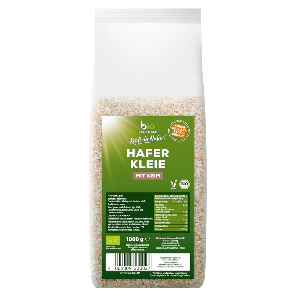 Tărâțe de ovăz organice biozentrale 1 kg | Pachet avantajos | Sursă de proteine bogată în fibre | Natural vegan | Din agricultura UE | Conținut scăzut de zahăr