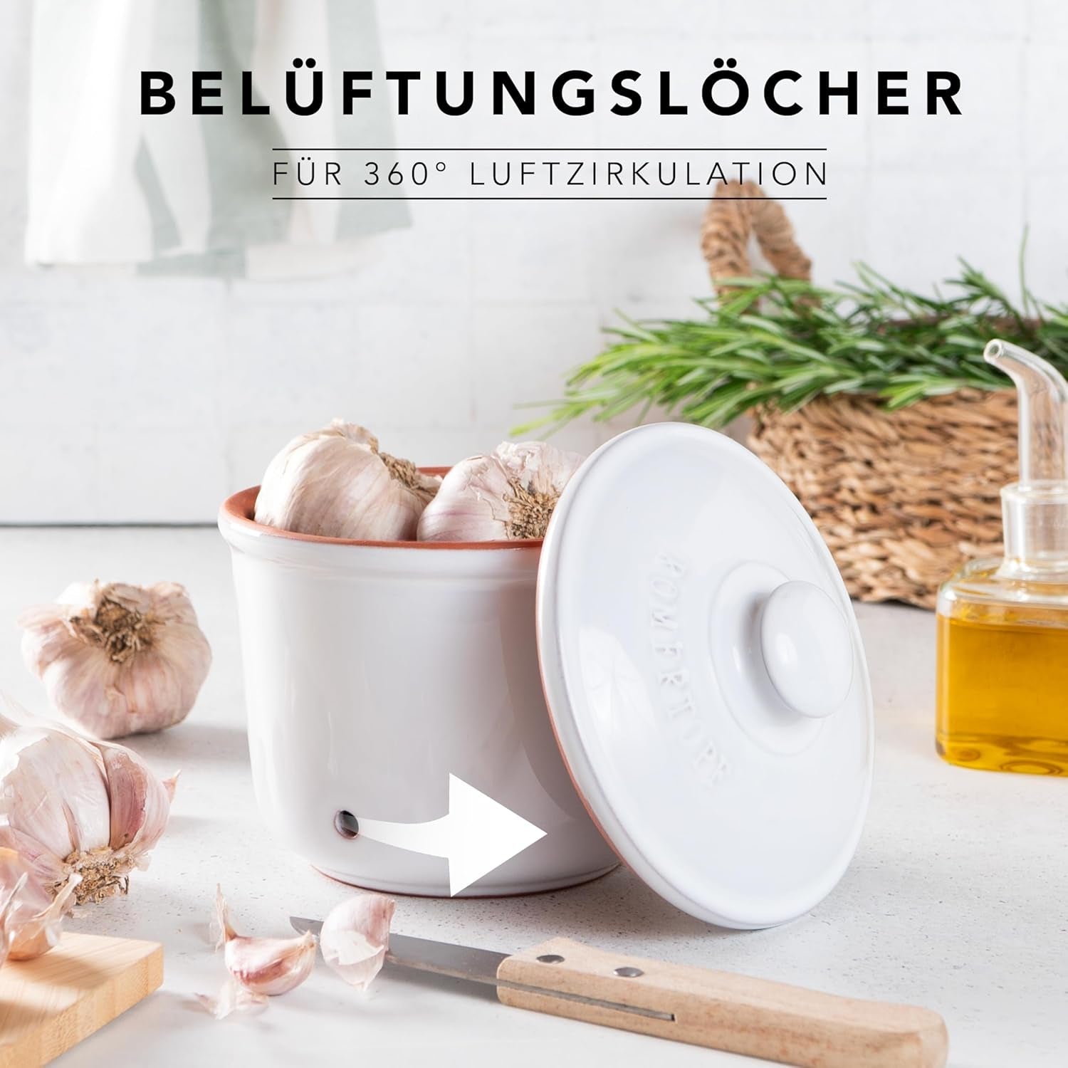 Römertopf Fresh Pot MINI 0,6 litri - Oală de usturoi ceramică - Argila respirabilă păstrează legumele proaspete pentru mai mult timp - Circulație ideală a aerului - Alb Cutii depozitare alimente Naty Shop