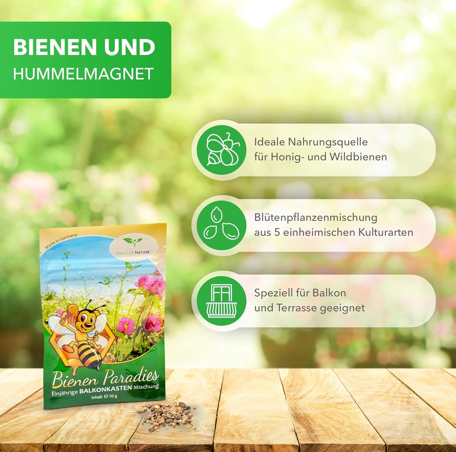 Mix pentru cutii de balcon Magic of Nature - Semințe de 10 g - Plante prietenoase cu albinele - Ușor de utilizat - Paradisul albinelor - 5 specii cultivate native - Potrivit pentru cutii de flori și jardiniere