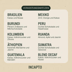 Selecție de boabe de cafea Incapto la nivel mondial | Selecție de 10 origini din întreaga lume | Cafea de specialitate | 100% Arabica | Ideal ca set cadou de cafea | Pentru iubitorii de cafea | 10 pachete x 100g