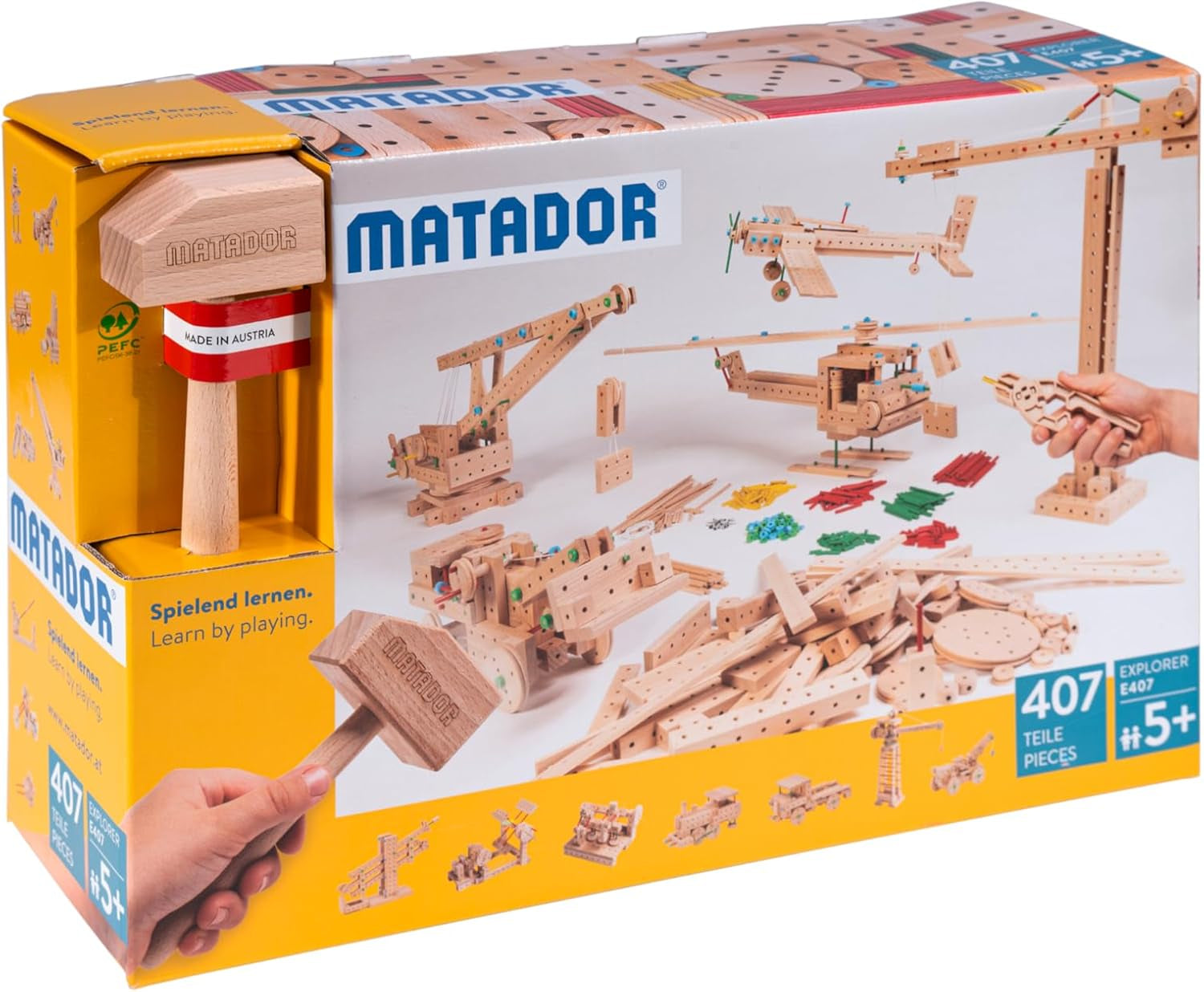 Matador Kinder Baukasten ab 5 Jahren 222-tlg. - Spannendes Holz Konstruktionsspielzeug zur Schulung von Kreativität und Feinmotorik, Bauspielzeug mit Stäbchen, Klötzen, Hammer & Zange
