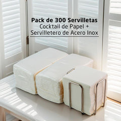 Pachet de 300 de șervețele de hârtie albă pentru cocktail + suport de șervețele din oțel inoxidabil, textură cu micropuncte, groase și absorbante, 10 X 10 cm, pliate împreună