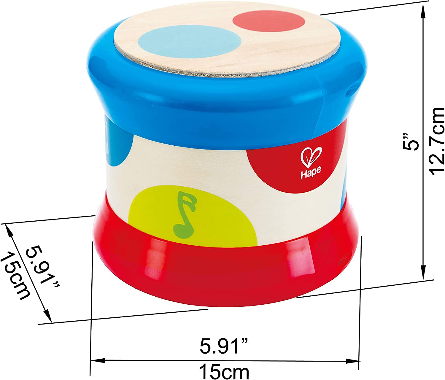 Hape Baby Drum | Jucărie muzicală rulantă pentru ca cei mici să învețe ritmul și diferite sunete, funcționează cu baterii, de la 6 luni Jucarii Bebe Naty Shop