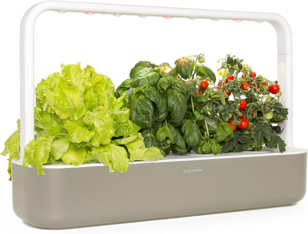 Grădină interioară Click and Grow, mai ușoară decât un sistem de creștere hidroponic, Grădină inteligentă cu LED, grădină de plante aromatice, seră interioară cu 9 capsule de plante incluse (alb)
