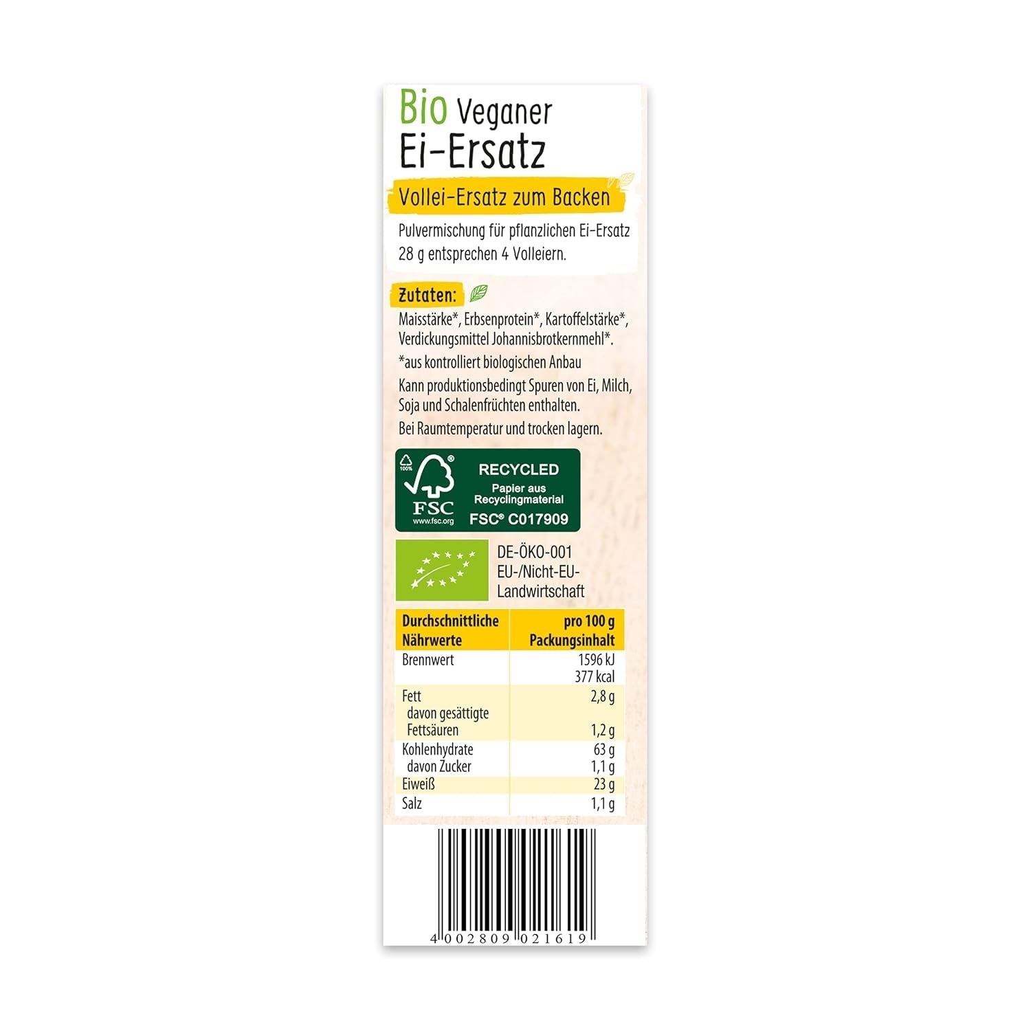 RUF Bio Veganer Ei-Ersatz, 100% pflanzlicher Vollei-Ersatz, Ei-Ersatz-Pulver zum Backen, Kochen, Panieren & für Desserts, entspricht 4 Eiern